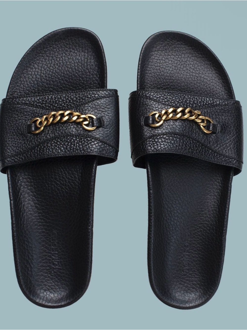 Tom Ford Black Leather Slide Sandals with Gold Chain Detail